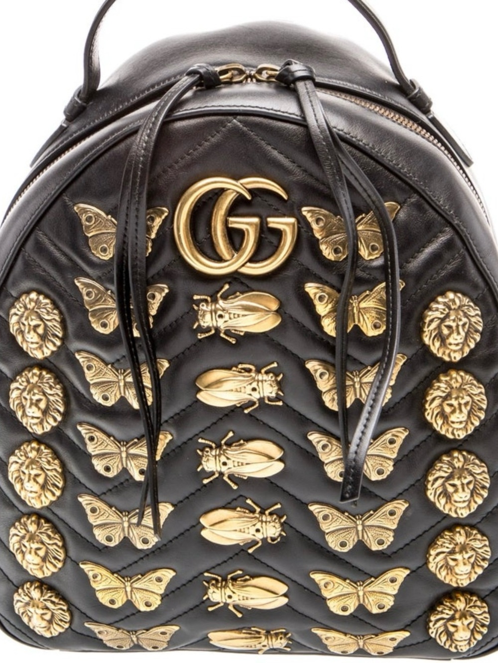 Gucci Black Quilted Leather Backpack with Gold Insect & Butterfly Studs